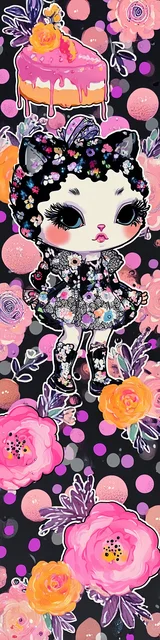 Free kawaii cats bookmark featuring a floral cake kitty